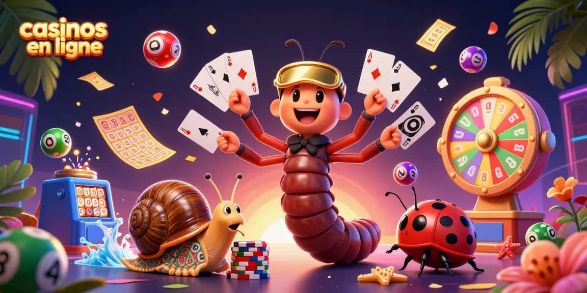Jouer dans des casinos en ligne avec un millipède croupier et des éléments de jeu colorés.