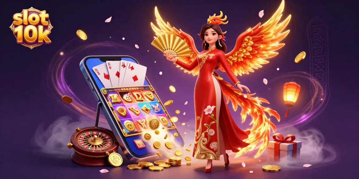 Experience the thrill of slot 10k with a vibrant 3D illustration showcasing a Vietnamese beauty and a phoenix amidst casino elements.