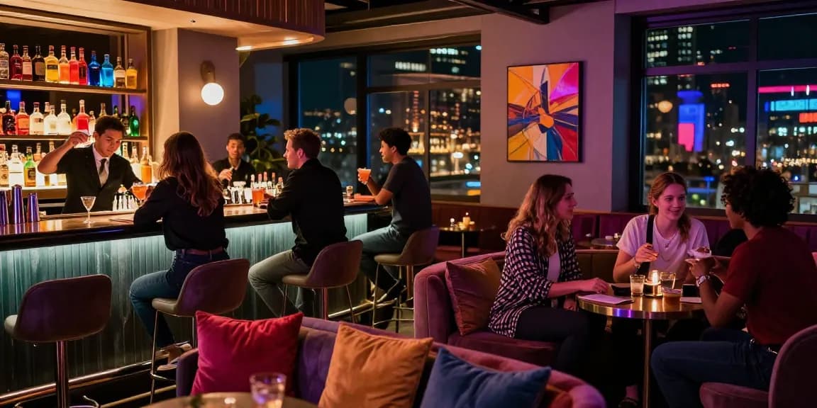 NSFW nightlife scene with friends enjoying drinks in a vibrant lounge setting.
