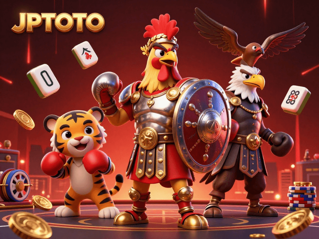 Experience vibrant gambling action with JPTOTO as a gladiator rooster and friends in an animated casino.