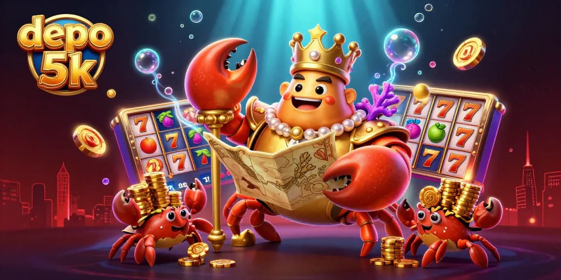 Spin the reels and win with depo 5k at the lively golden crab casino, showcasing vibrant slot elements.
