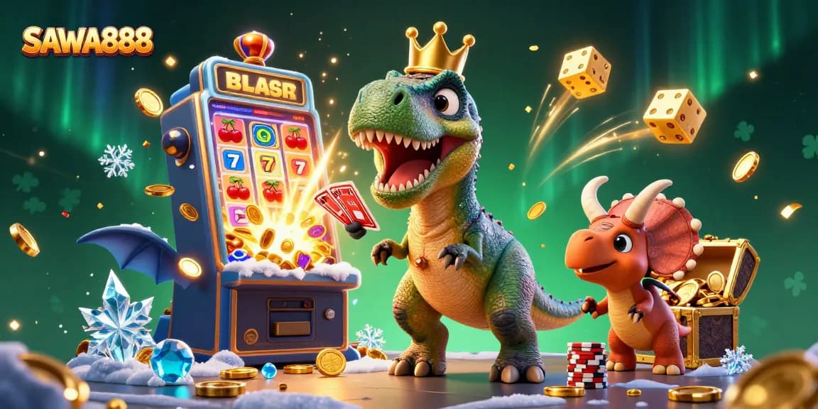 SAWA888 showcases a whimsical cartoon scene with a T-Rex and friends engaging in thrilling casino activities.