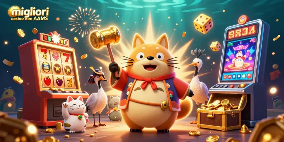 Gioca ai migliori casino non AAMS con slot machine e simboli fortunati ambientati in un'illustrazione 3D accattivante.