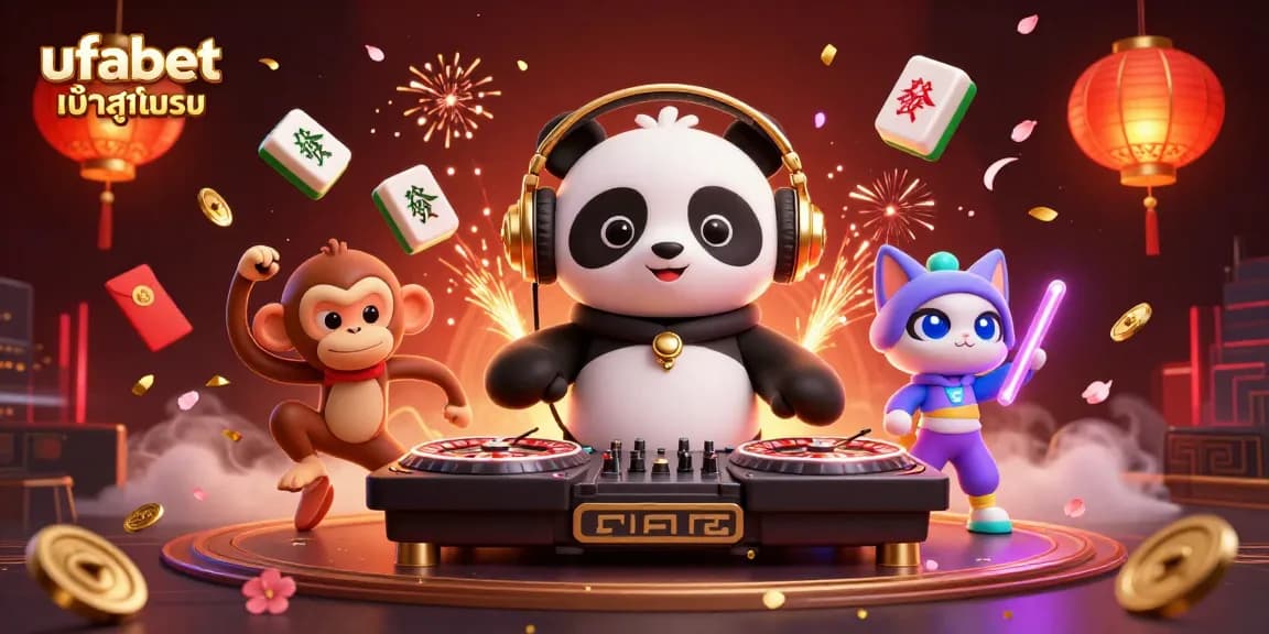 Experience the excitement of ufabet เข้าสู่ระบบ with a lively 3D casino scene featuring vibrant characters and dynamic gambling elements.