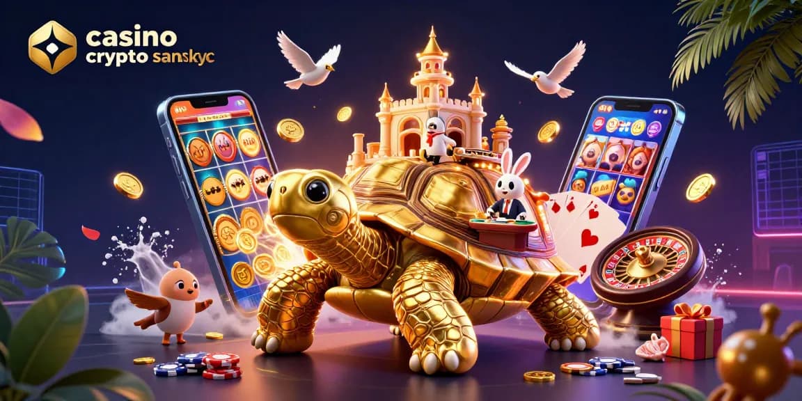 Jouer sur un casino crypto sans KYC avec une tortue dorée portant un palais de casino captivant.