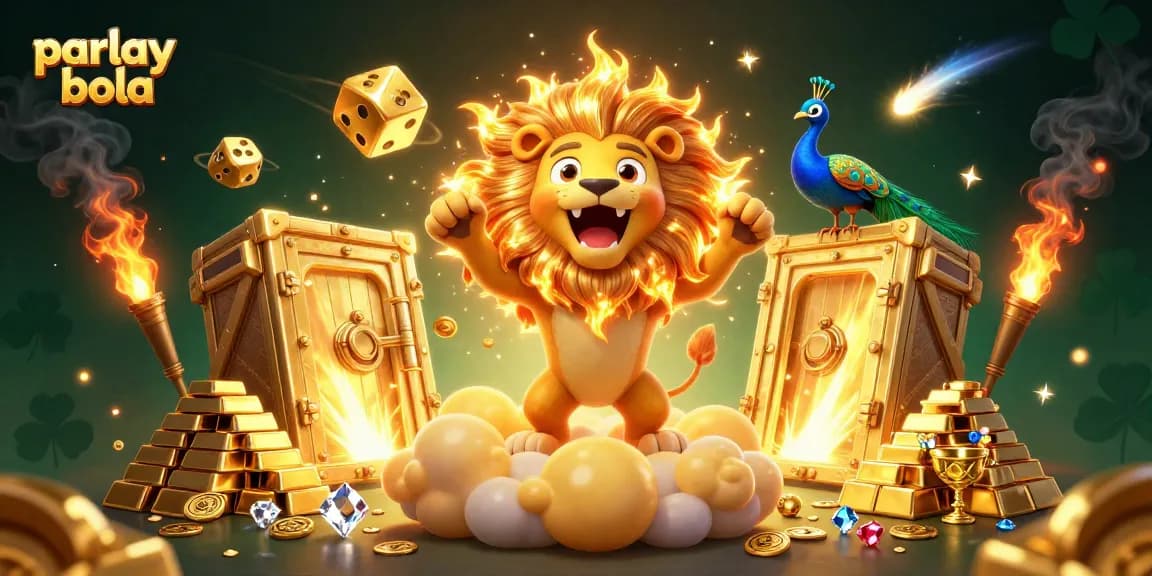 Engage in thrilling parlay bola betting with a radiant lion and dazzling treasures in this vibrant 3D art.