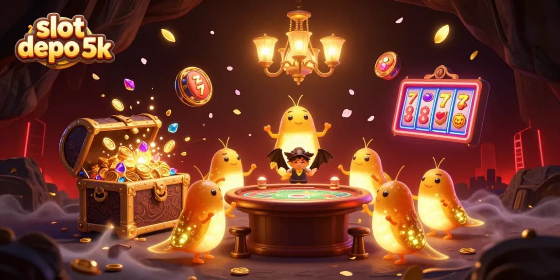 Engage with slot depo 5k in a vibrant cave casino illuminated by glowing glowworms and dynamic game elements.