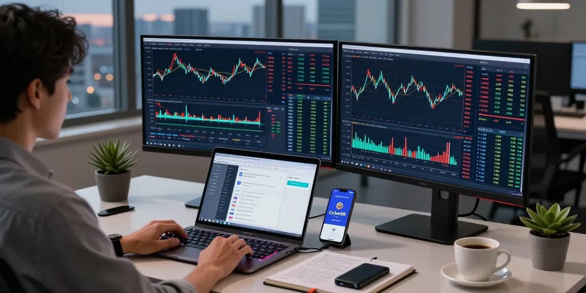 Cricbet99 cryptocurrency trading workspace with live market data, secure crypto wallet, and modern tech setup.