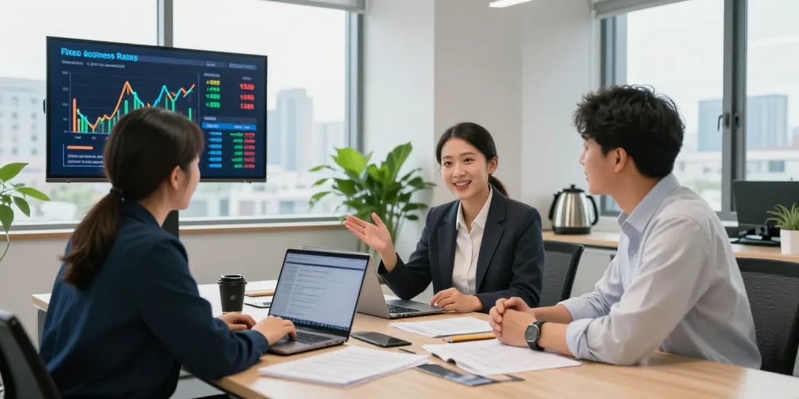 Consultation on fixed business energy rates with a digital dashboard in a modern corporate office