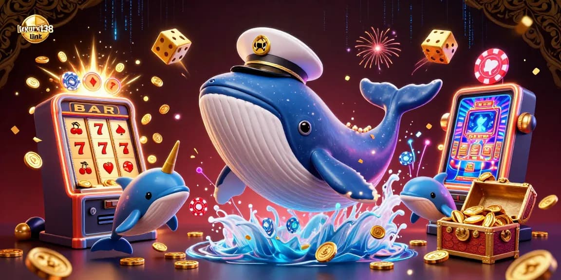 Engage in thrilling gaming with luxury138 link in a vibrant 3D casino scene featuring a cartoon whale and playful dolphins.