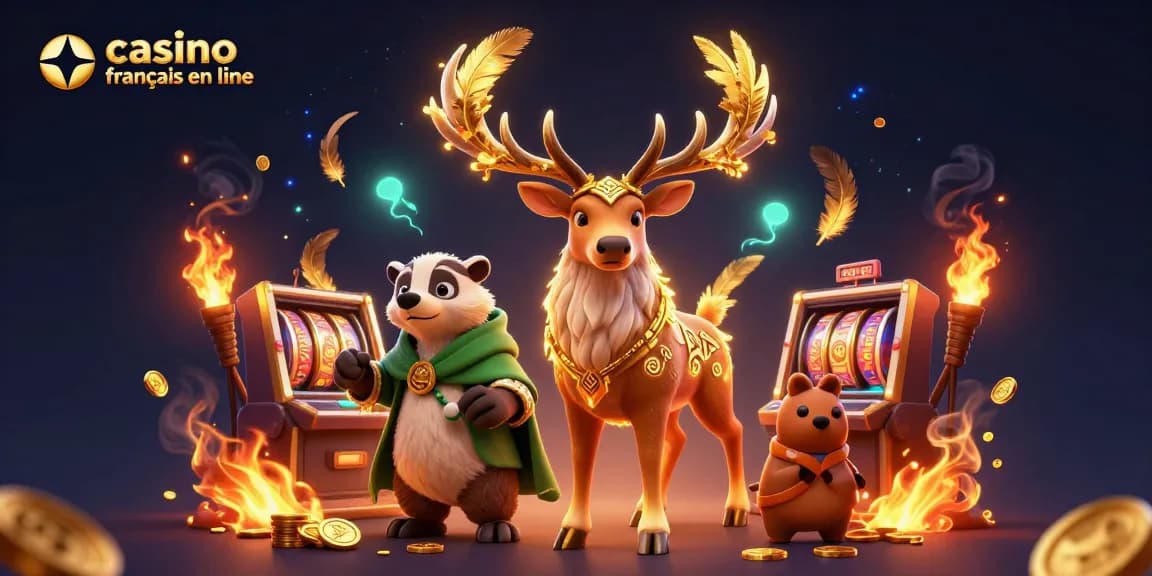 Jouez à des jeux de casino français en ligne avec un cerf druidique et un blaireau dans une scène animée.