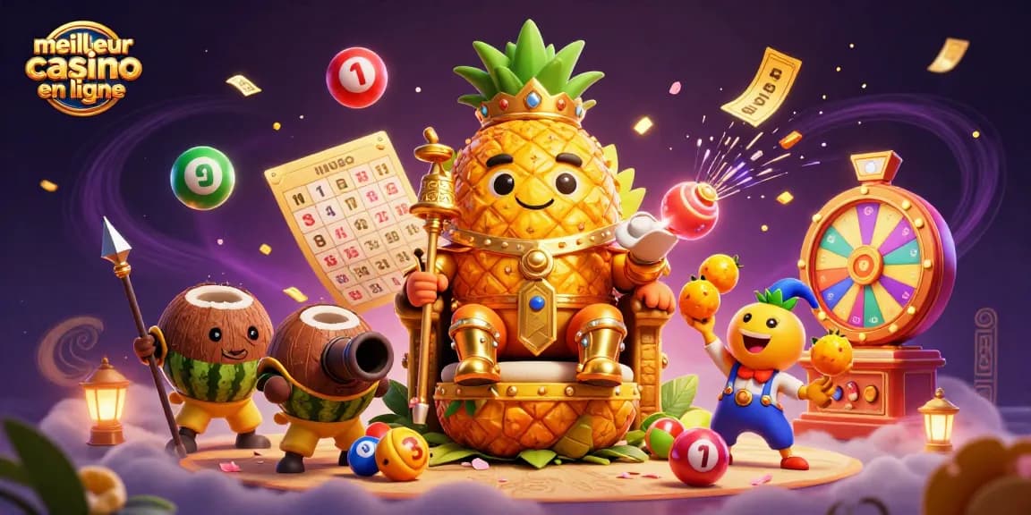 Illustration d'un meilleur casino en ligne avec le roi ananas et des éléments de loterie colorés.
