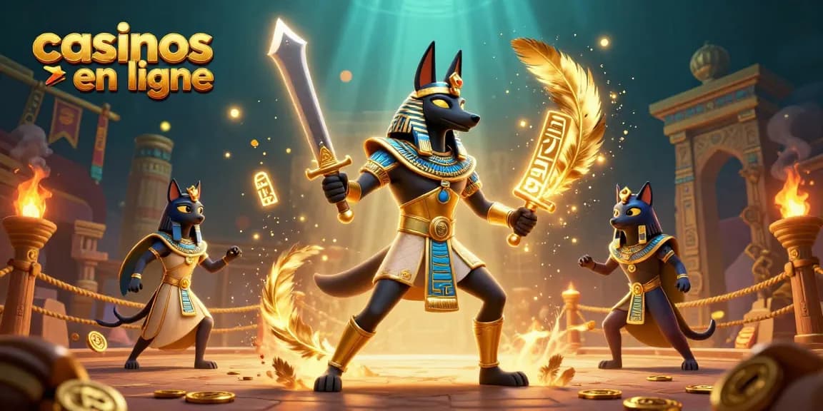 Vivez l'expérience des casinos en ligne avec Anubis et Bastet entourés de richesses dorées.