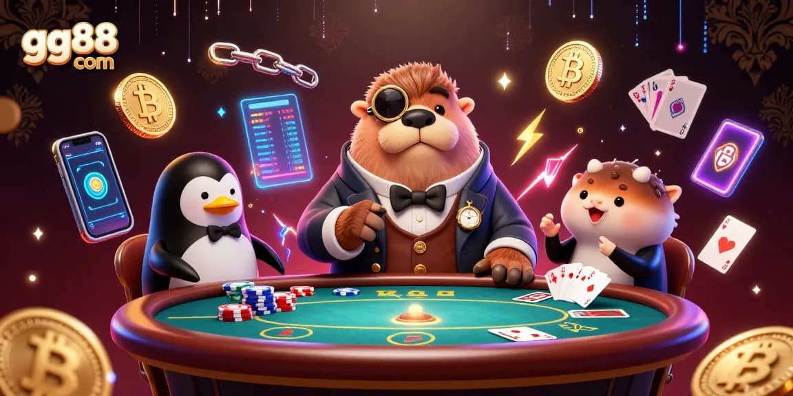 Engage with poker excitement at gg88 com, featuring a walrus, penguin dealer, and bluffing pufferfish in a vibrant scene.