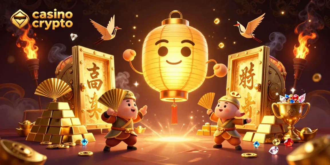 Giochi d'azzardo al casino crypto con simboli fortunati e premi dorati.