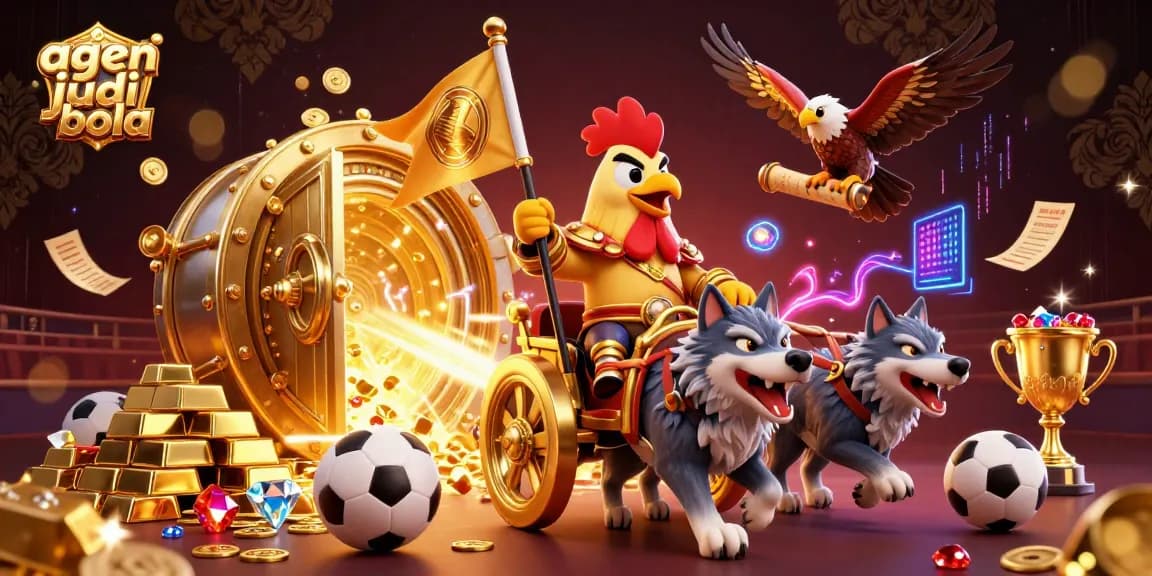 Bet on agen judi bola with a dynamic scene showcasing a rooster warlord, gold treasures, and exciting sports elements.