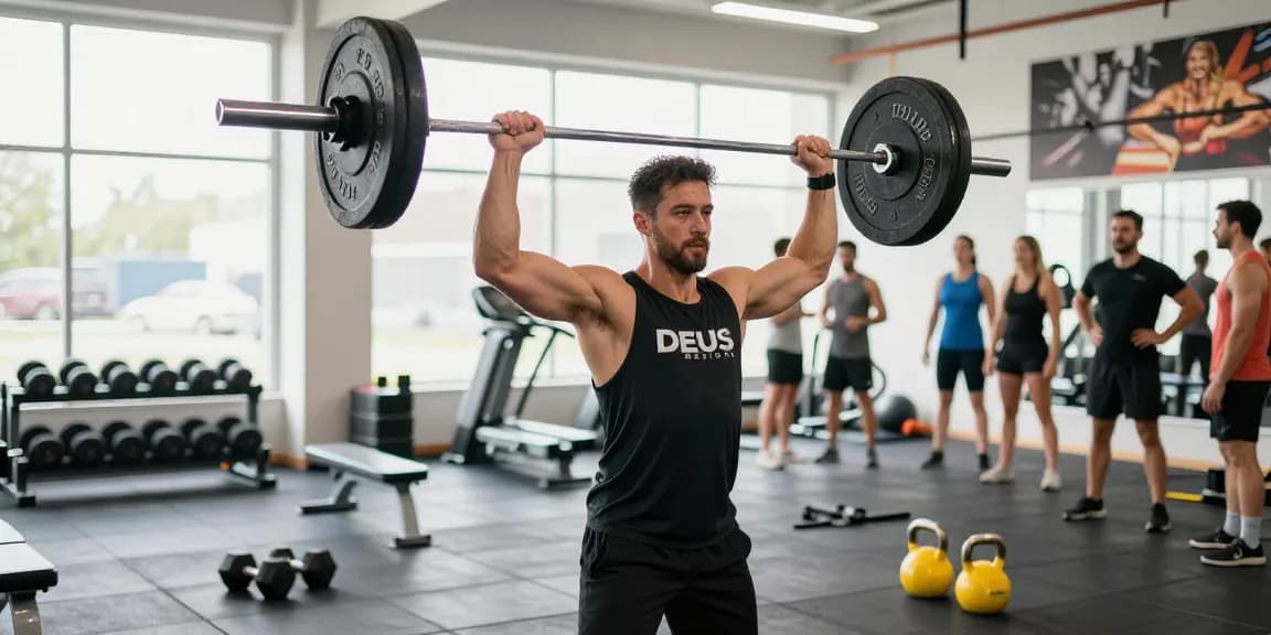 Active workout at Deus Medical Shop with athletes showcasing strength and motivation in a modern gym environment.