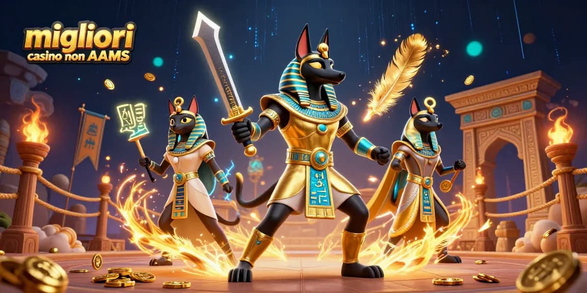 Gioca nei migliori casino non AAMS con Anubis e Bastet in un'illustrazione 3D vibrante.