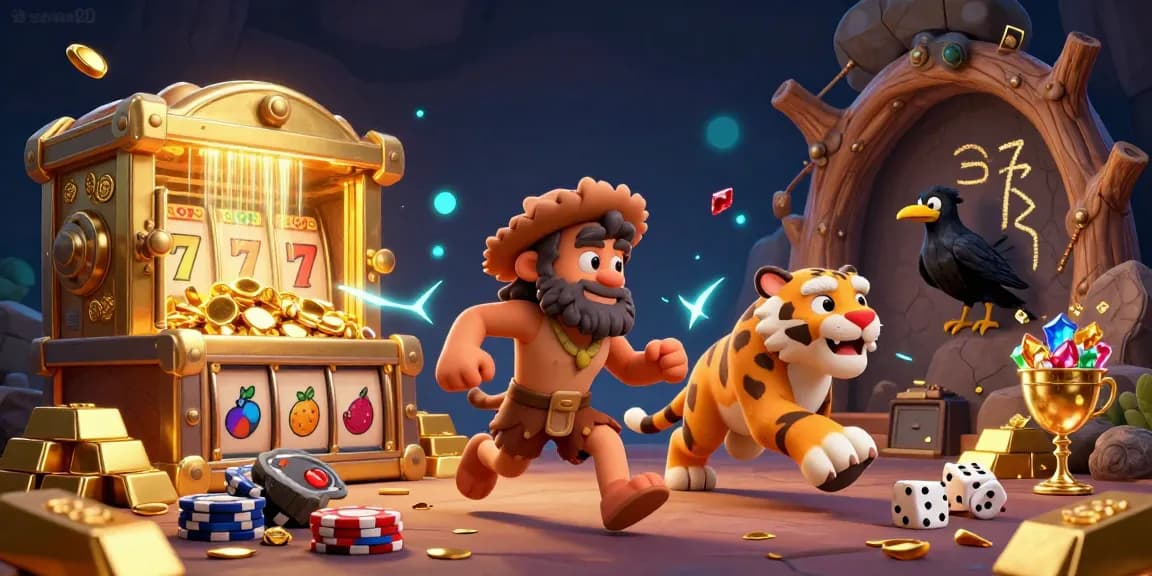 Engage with sunwin20 at a vibrant 3D casino scene featuring cavemen and treasure.