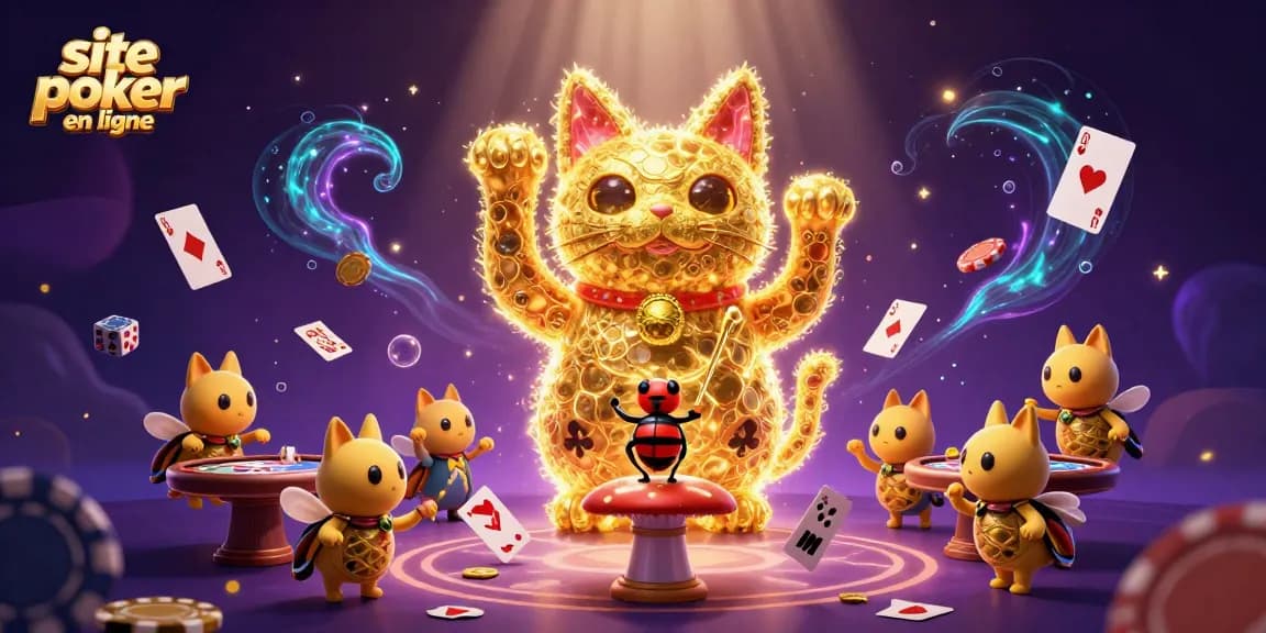 Jouez au site poker en ligne avec des feux follets en forme de chat porte-bonheur au milieu d'éléments de jeu