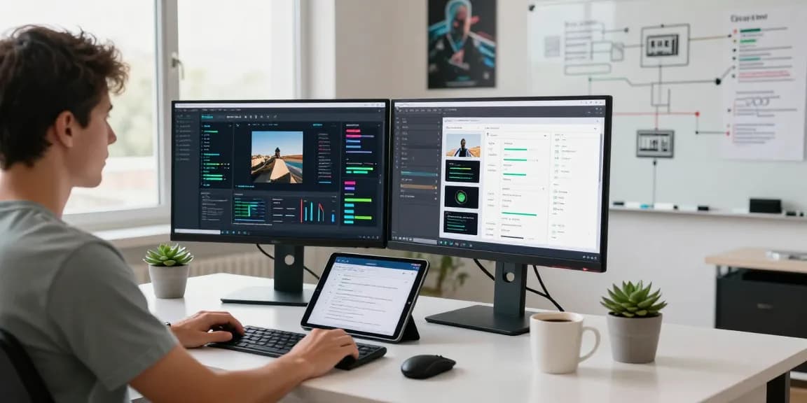 AI image checker interface in a modern workspace with dual monitors.