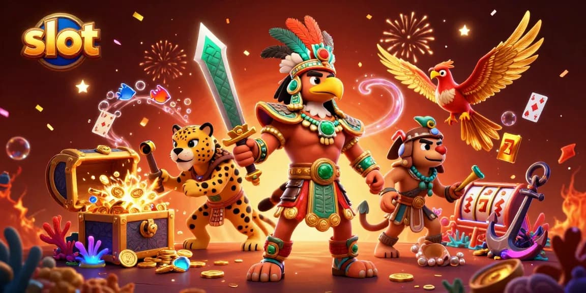 Win big with slot games featuring Aztec warriors, gold coins, and vibrant casino elements.