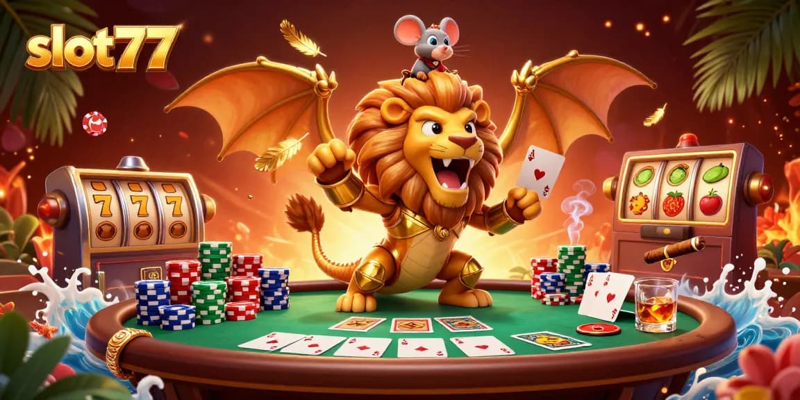Experience the thrill of slot777 action with colorful slot reels and a majestic chimera creature.