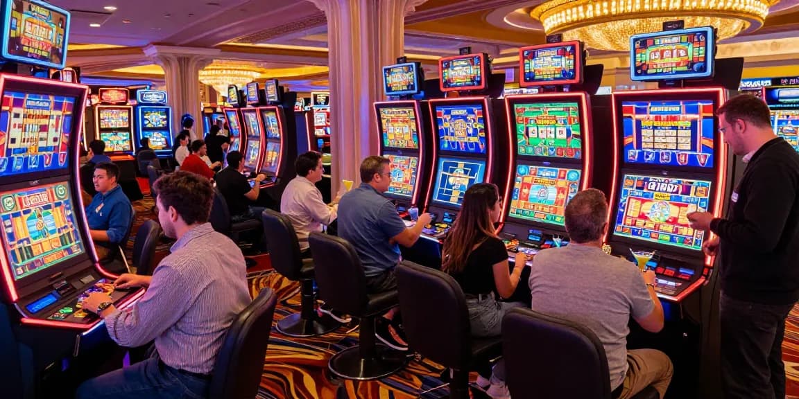 Keberuntungan bermain slot di kasino Vegas dengan mesin berwarna-warni dan pemain gembira.