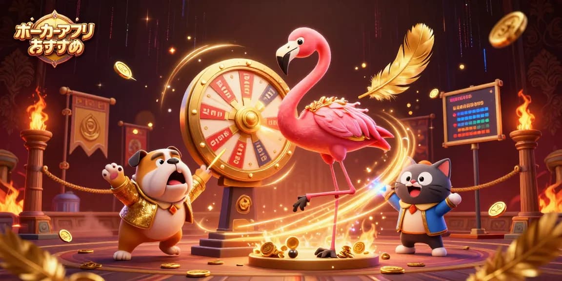 ポーカーアプリ おすすめの魅力を伝える3Dイラスト。フラミンゴのホストとバウルドッグが盛り上がるシーン。