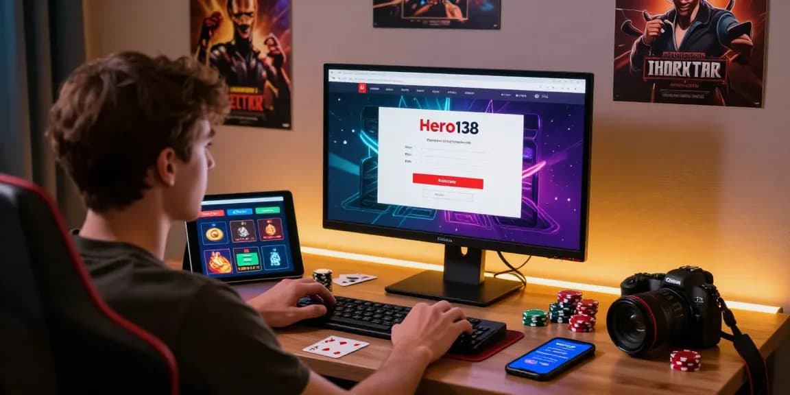 Hero138 link displayed on a dynamic gaming screen with poker chips and betting updates.