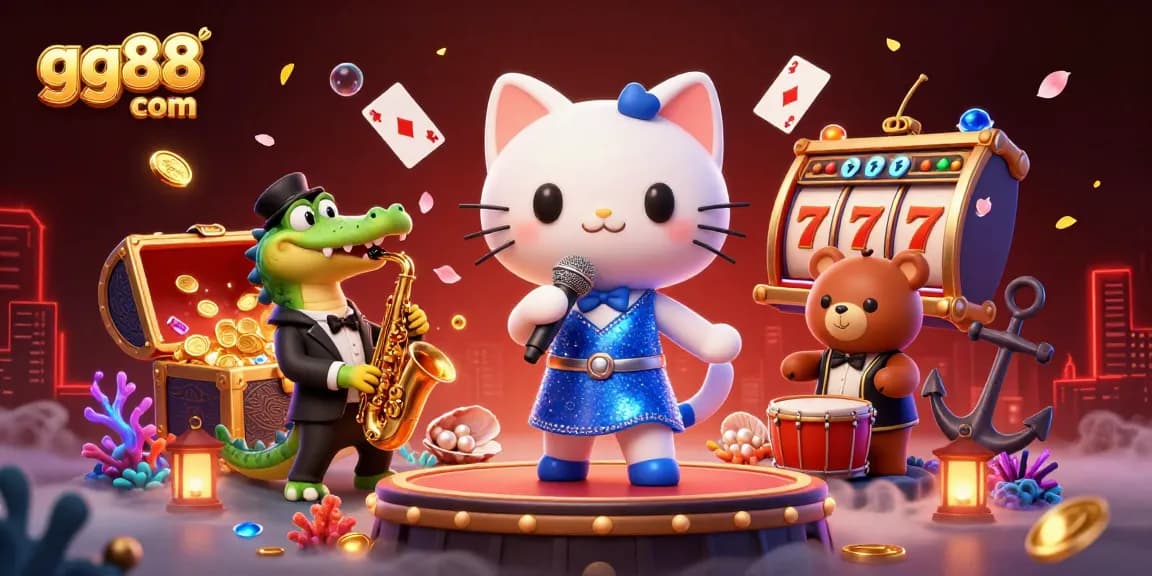 Win big at gg88 com with a vibrant 3D casino scene featuring a cat, crocodile, and bear cub.
