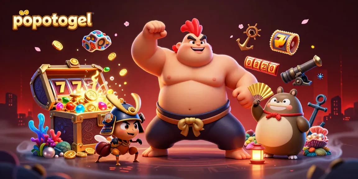 Popotogel's vibrant casino scene with sumo rooster, cricket, and tanuki, showcasing exciting slot elements.