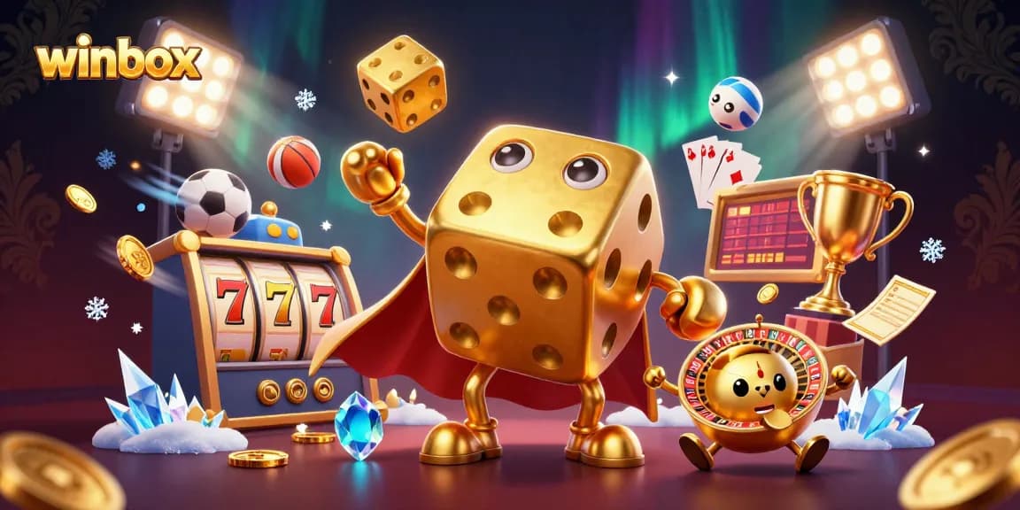 Winbox features a scene with golden dice, lively gaming elements, and vibrant casino energy.