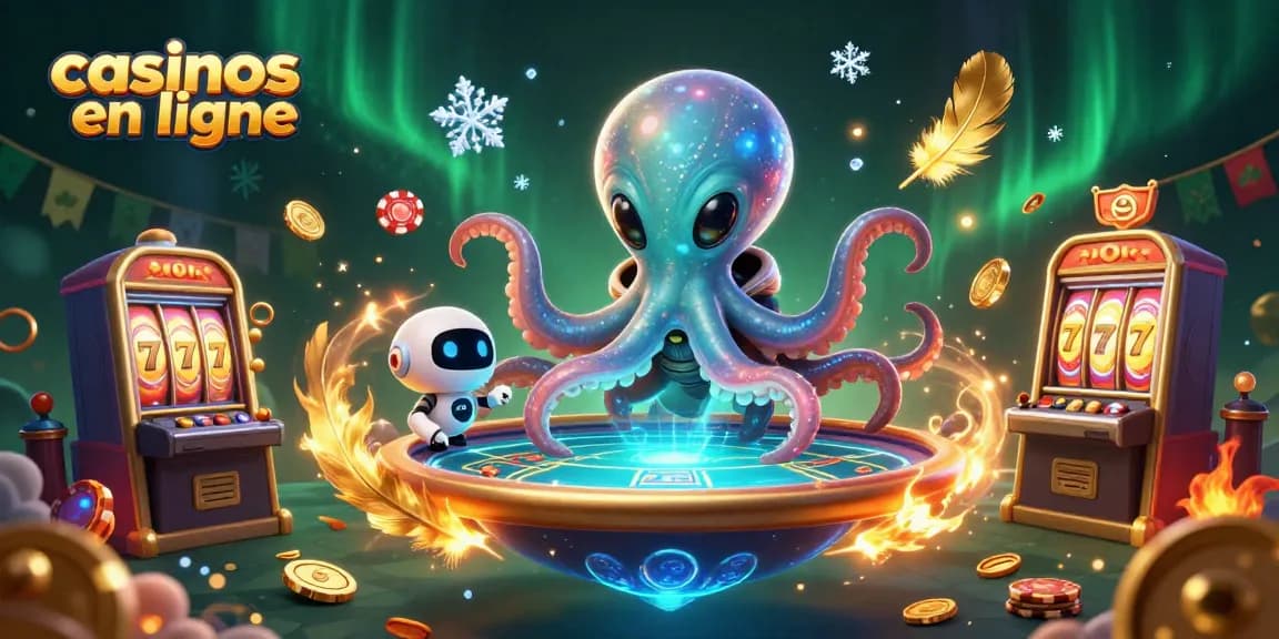 Réalisez des gains aux casinos en ligne avec un octopus alien jouant au poker dans un décor lumineux.