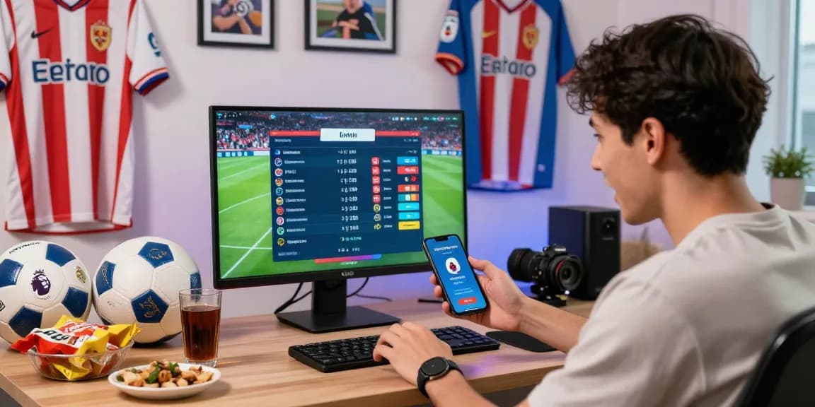 Engaged user exploring Link Alternatif Bola88 on a smartphone surrounded by sports memorabilia and live betting displays.