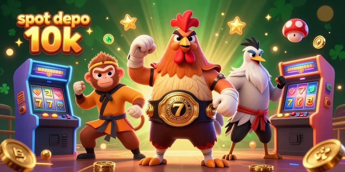 Experience the excitement of slot depo 10k with our cartoon characters and casino elements in a vibrant illustration.