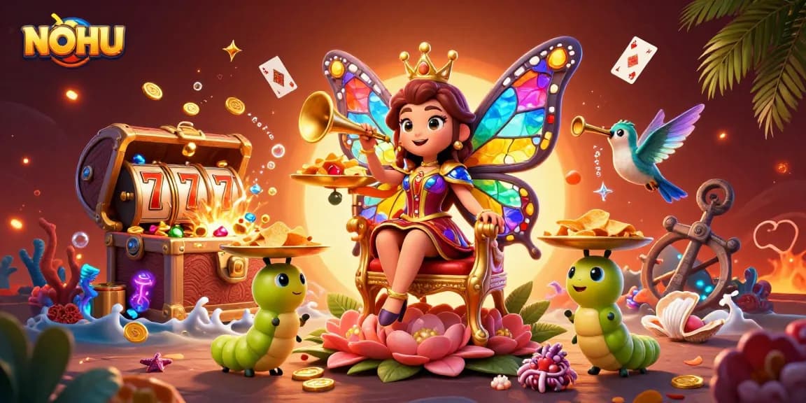 Experience winning at NOHU with vibrant casino elements and captivating characters amidst a dynamic scene.