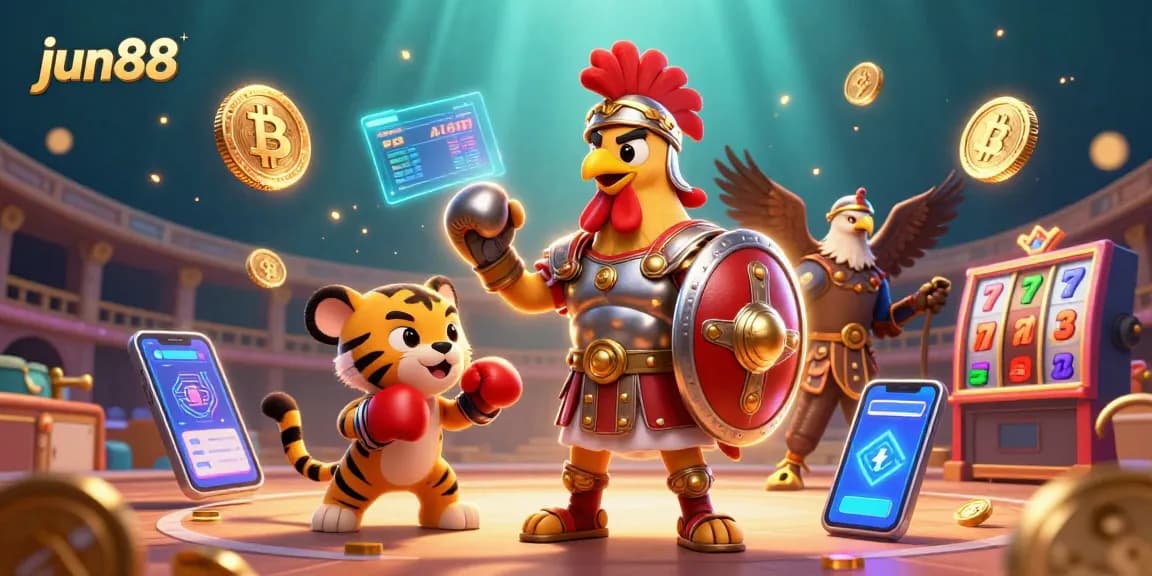 Experience the thrill at jun88 with a dynamic 3D illustration of a gladiator rooster, casino elements, and crypto coins.