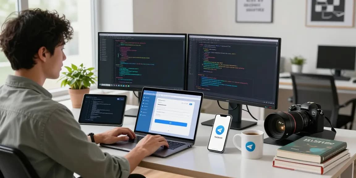 telegram china registration guide with a digital workspace featuring app development tools and Telegram interface.