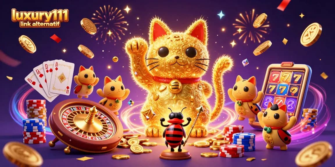 Experience excitement with luxury111 link alternatif as a lucky cat and gold coins burst forth in a vibrant casino illustration.