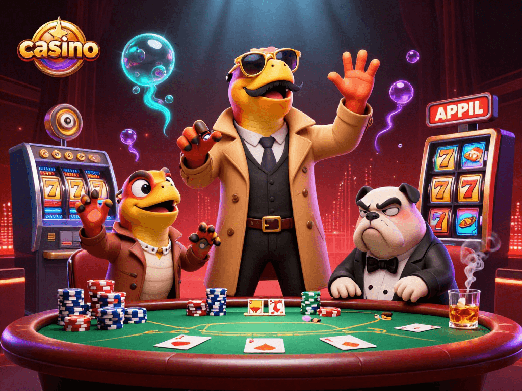 Raptors in a trench coat entering a casino, showcasing poker elements and vibrant effects.