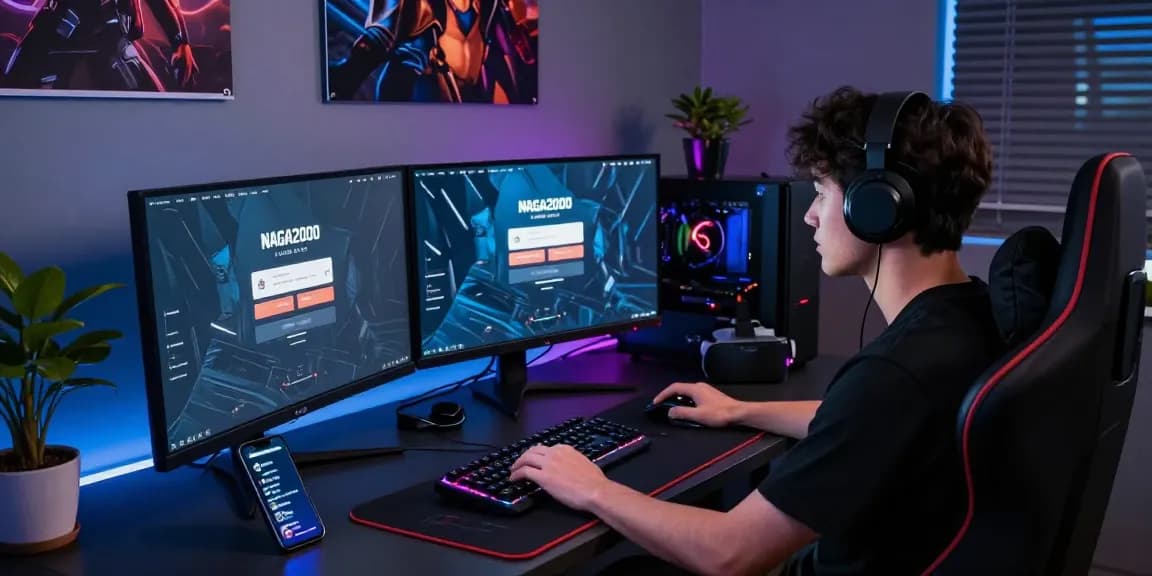 NAGA2000 LOGIN on multiple screens in an immersive gaming setup.