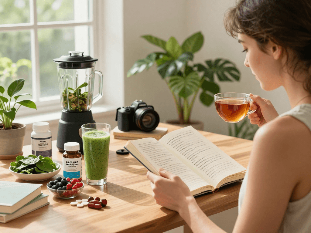NAD+ benefits highlighted in a modern wellness scene with a health-conscious person enjoying Buccal Strips in a bright, serene home.