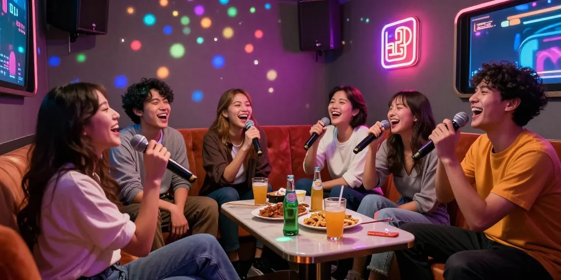 Enjoying a fun evening at 강남노래방 with friends singing and celebrating together.