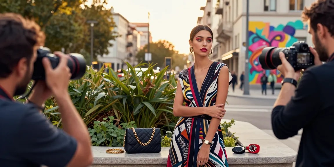 Sessione fotografica di una modella a Milano per un book fotografico modelle, abbigliamento elegante e sfondo urbano.