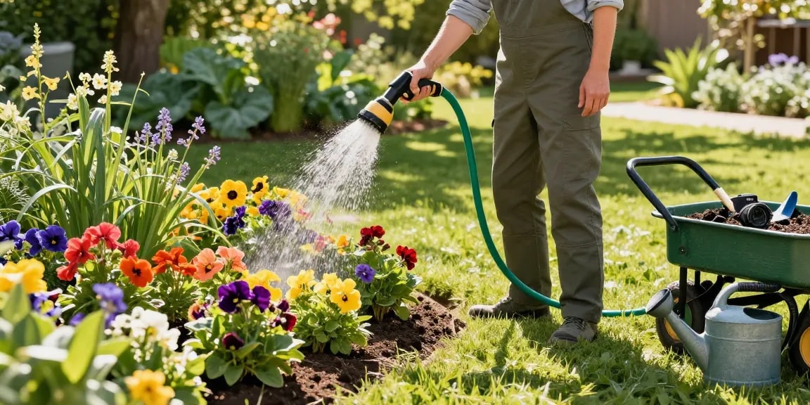 Gardener using the best hose nozzle to water vibrant flowers and plants in a colorful garden.