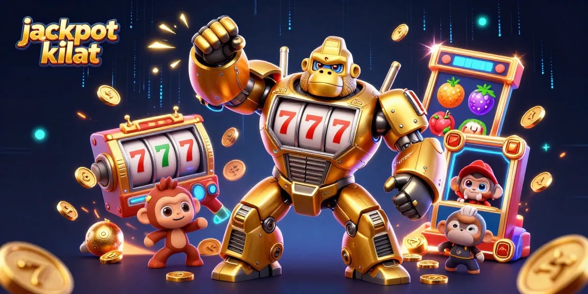 Experience excitement with jackpot kilat in this dynamic 3D illustration featuring a golden gorilla mech.