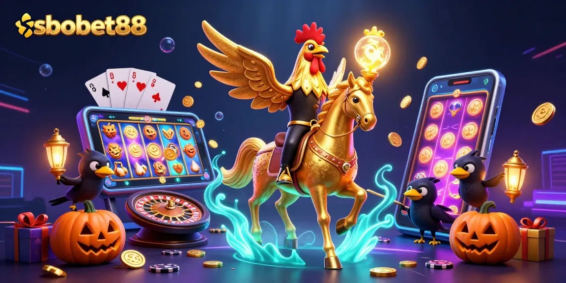 Engage with sbobet88 at a vibrant midnight casino featuring a golden rooster character amidst dynamic gaming elements.