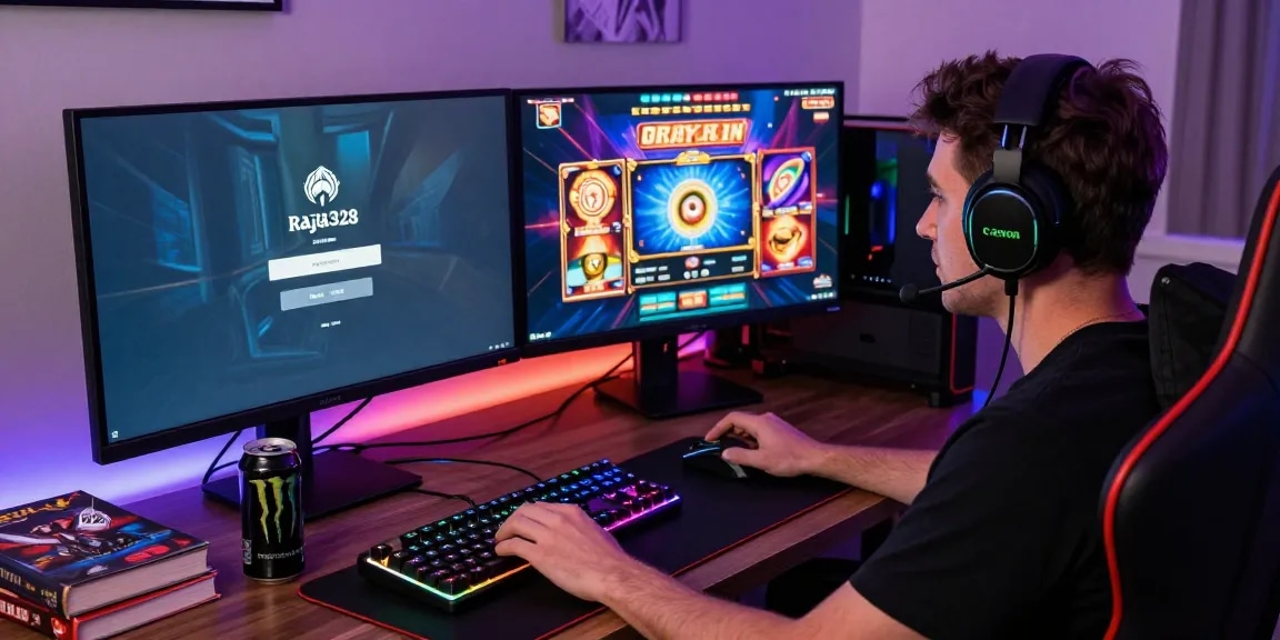 Login Raja 328 gaming setup with vibrant interface and energetic atmosphere.