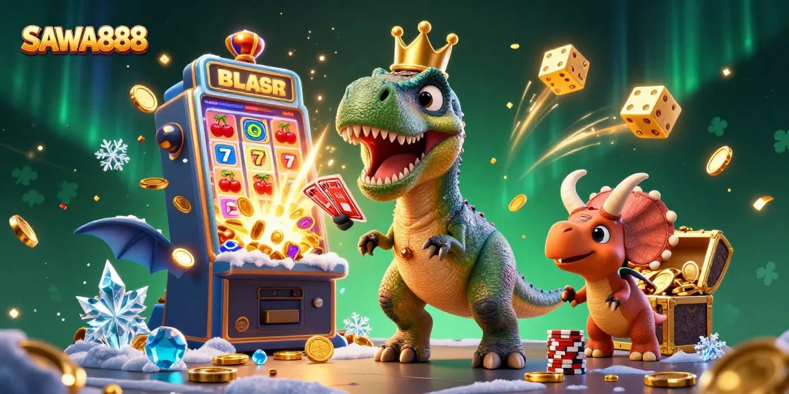 SAWA888 showcases a whimsical cartoon scene with a T-Rex and friends engaging in thrilling casino activities.